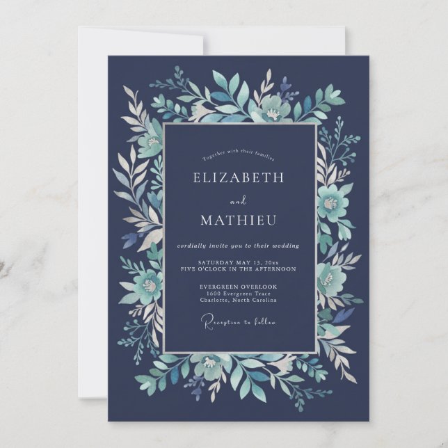 Convites Casamento Floral Verde Esmeralda Azul Marinho (Frente)