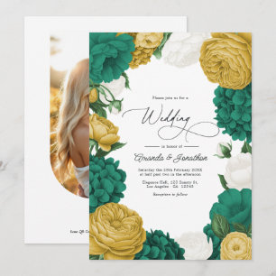 Convites Casamento Floral Verde Esmeralda, Branco e Dourado