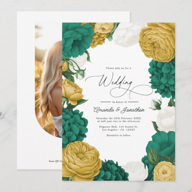 Convites Casamento Floral Verde Esmeralda, Branco e Dourado (Frente/Verso)