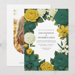 Convites Casamento Floral Verde Esmeralda, Dourado e Marfim