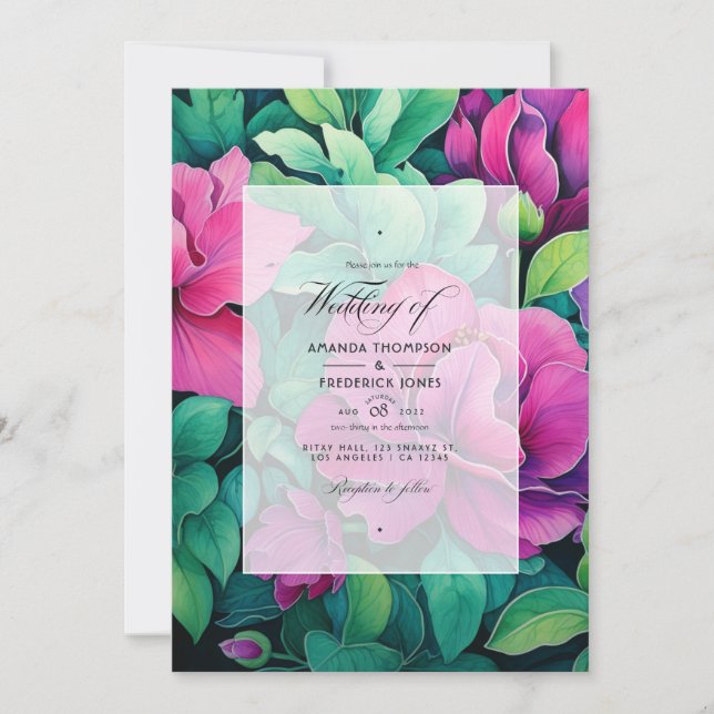 Convites Casamento Floral Verde Esmeralda e Fúcsia (Frente)