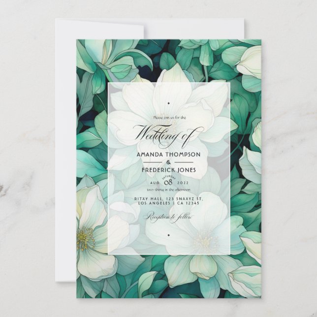 Convites Casamento Floral Verde Esmeralda e Prata (Frente)