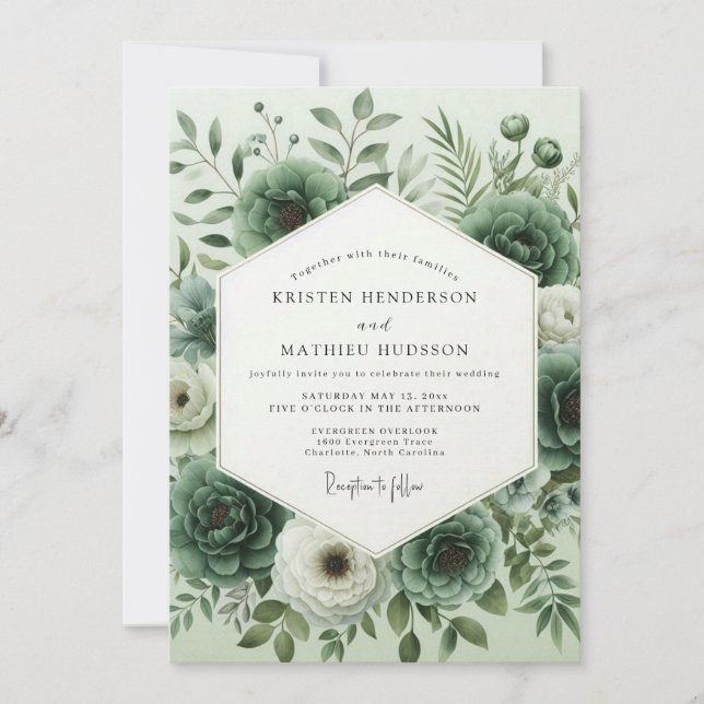 Convites Casamento Floral Verde Esmeralda Vibrante (Frente)