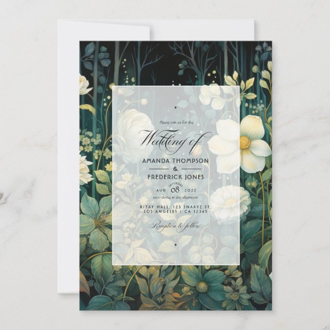 Convites Casamento Floral Verde Floresta, Branco e Dourado (Frente)