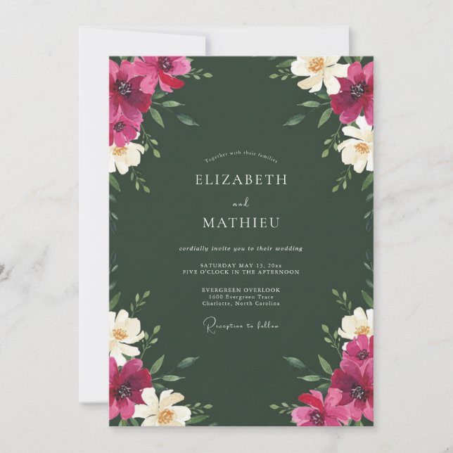 Convites Casamento Floral Verde Floresta Magenta (Frente)