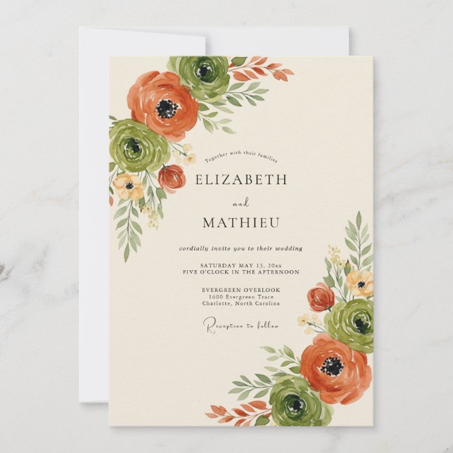 Convites Casamento Floral Verde Laranja Outono (Frente)