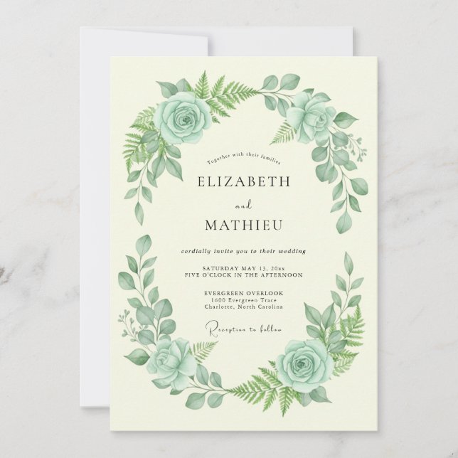 Convites Casamento Floral Verde Menta (Frente)