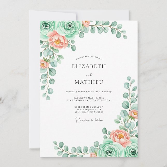 Convites Casamento Floral Verde Menta na Primavera (Frente)