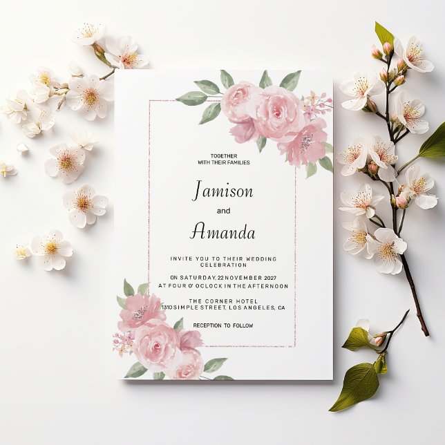 Convites Casamento floral verde menta pastel rosa Botânico (Botanical mint green pastel pink floral Wedding )