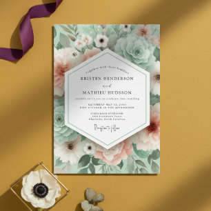 Convites Casamento Floral Verde Menta Romance