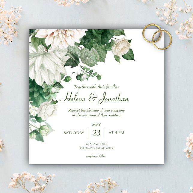 Convites Casamento Floral Verde Moderno (Modern Emerald Green Floral Wedding Invitation)