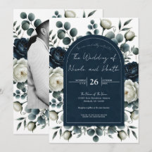 Casamento Floral Verde Moderno Azul Escuro e Branc
