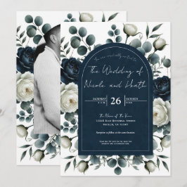 Convites Casamento Floral Verde Moderno Azul Escuro e Branc