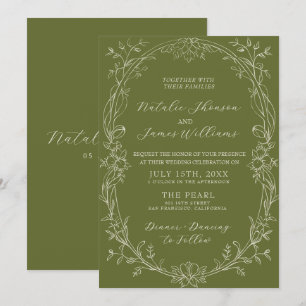 Convites Casamento Floral Verde Oliva Luxuoso Antigo
