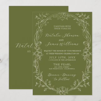 Convites Casamento Floral Verde Oliva Luxuoso Antigo