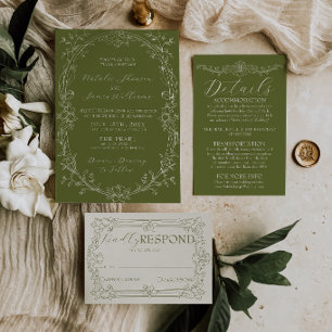 Convites Casamento Floral Verde Oliva Luxuoso Antigo