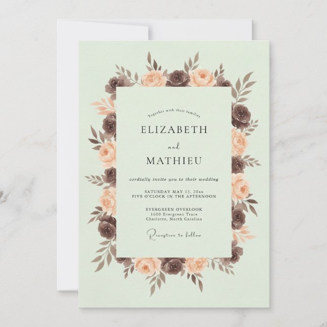 Convites Casamento Floral Verde Pálido (Frente)