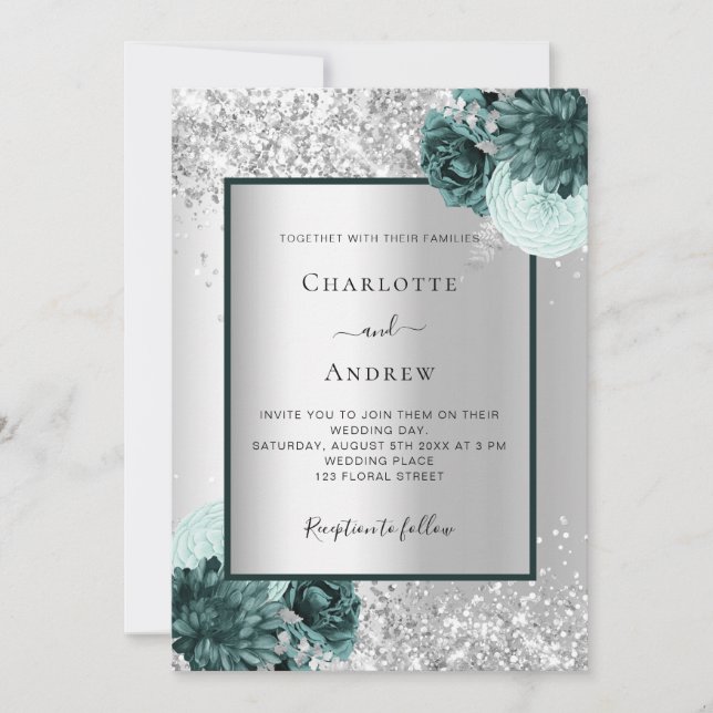 Convites Casamento floral verde prateado (Frente)