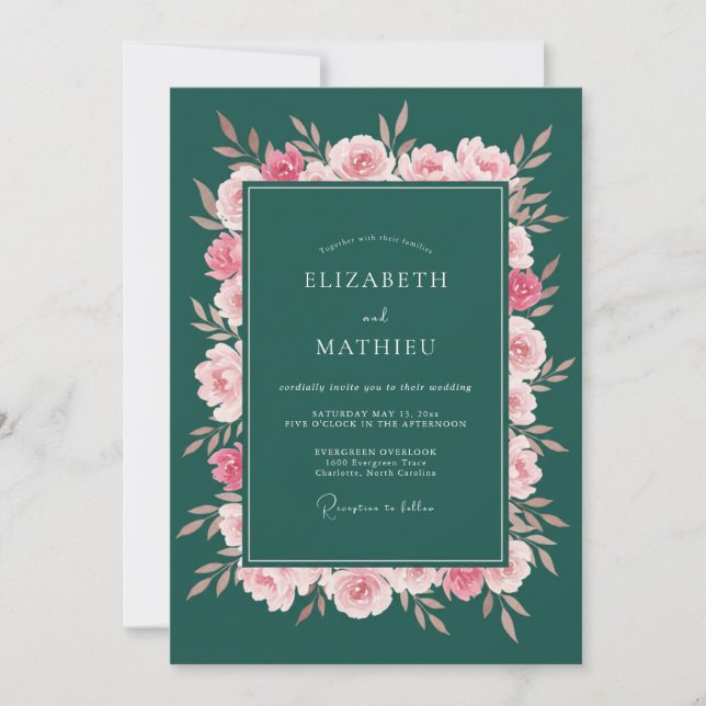 Convites Casamento Floral Verde Profundo (Frente)