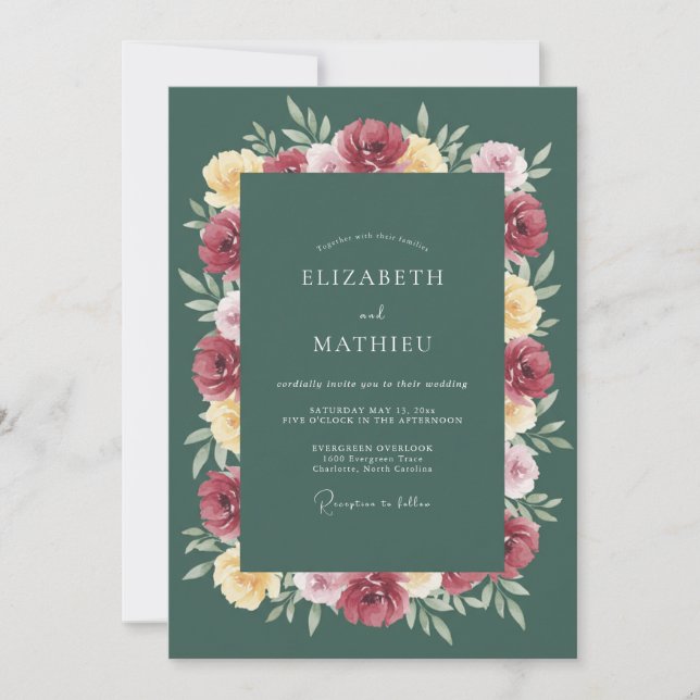 Convites Casamento Floral Verde Profundo (Frente)