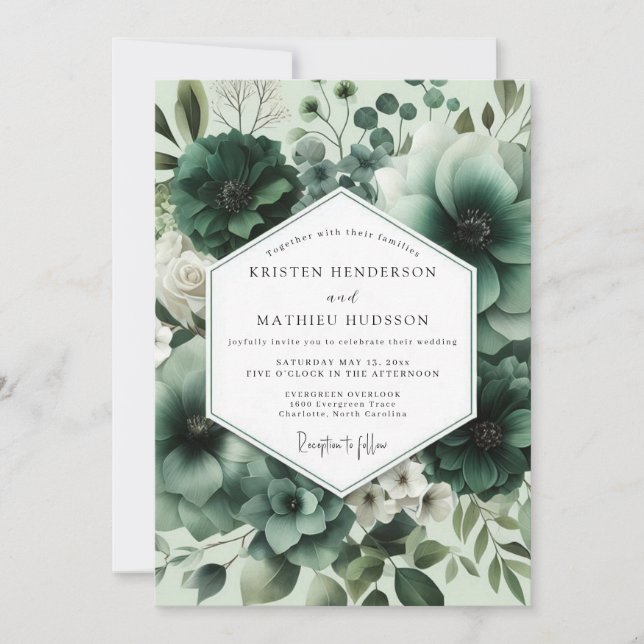 Convites Casamento Floral Verde Profundo Opulento (Frente)