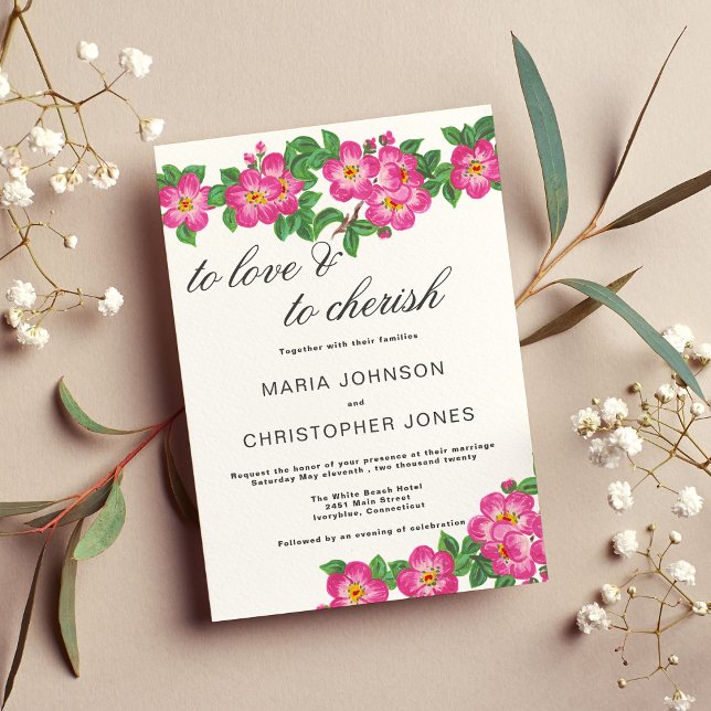 Convites Casamento floral verde rosa brilhante com guião cl (Classic script bright pink green floral wedding )