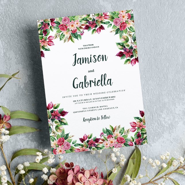 Convites Casamento floral verde-rosa-burgundy-Botanic (Botanic burgundy pink green floral country Wedding)