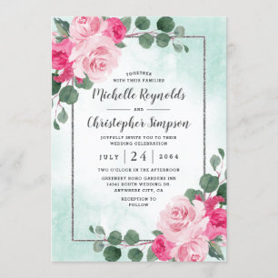 Convites Casamento Floral Verde Rosa e Silver