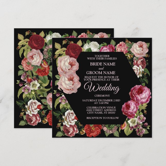 Convites Casamento Floral Verde Roxo Vermelho Rústico Preto (Frente/Verso)