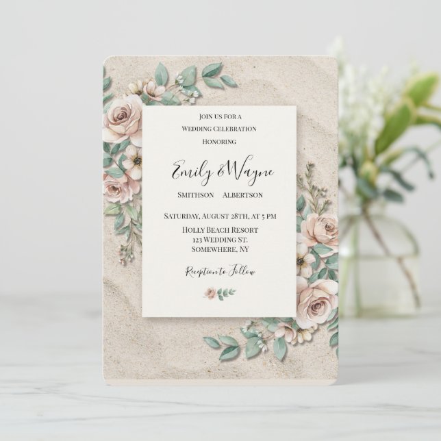 Convites Casamento Floral Verde Sage Bege Esbranquiçado (Em pé/Frente)