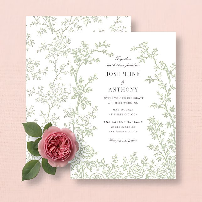 Convites Casamento Floral Verde Sage Chinoiserie  (Criador carregado)