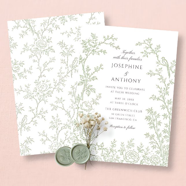 Convites Casamento Floral Verde Sage Chinoiserie  (Criador carregado)