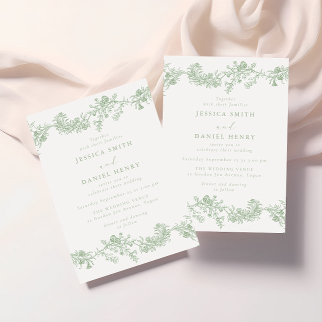 Convites Casamento Floral Verde Sage Clássico Vintage (Criador carregado)