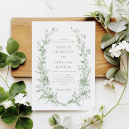 Convites Casamento Floral Verde Sage, Francês Elegante Toil