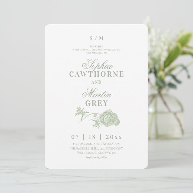 Convites Casamento Floral Verde Sage Pastel  (Em pé/Frente)