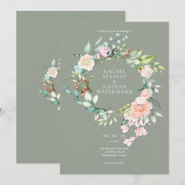 Convites Casamento Floral Verde Salvia Aquarela (Frente/Verso)