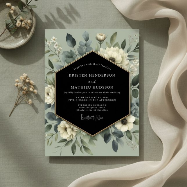 Convites Casamento Floral Verde Sálvia Caprichoso (Criador carregado)