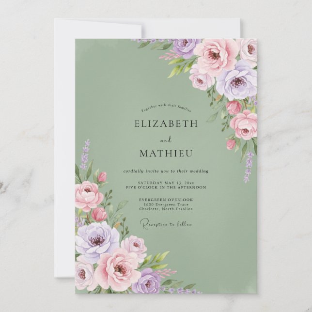 Convites Casamento Floral Verde Salvia Luxuriante (Frente)