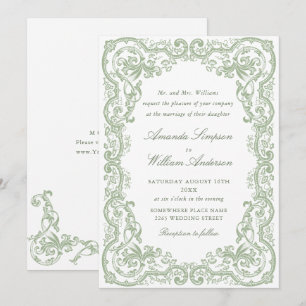 Convites Casamento Floral Verde Sálvia Ornamentado Renascen