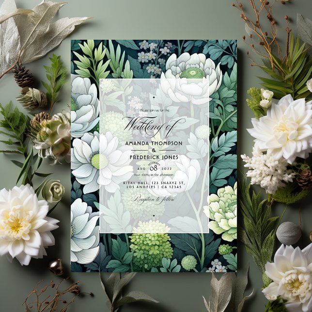 Convites Casamento Floral Verde Silver, Branco e Floresta (Criador carregado)