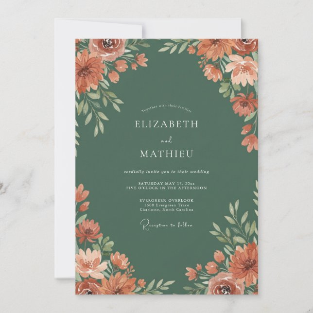 Convites Casamento Floral Verde Terracota (Frente)