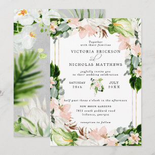 Convites Casamento Floral Verde Tropical Rosa Bege Branco