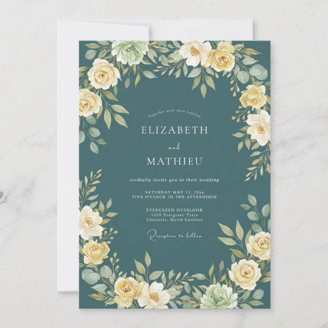 Convites Casamento Floral Verde Turquesa Amarelo (Frente)