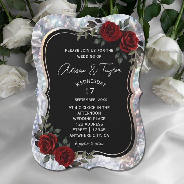 Convites Casamento Floral Verde Vermelho Negro Silver Gótic (Black Silver Gothic Red Green Floral Wedding Invitation #zazzlemade #elegantredflowers #weddingcard)