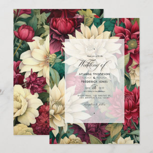 Convites Casamento Floral Verde, Vermelho Profundo, Creme e