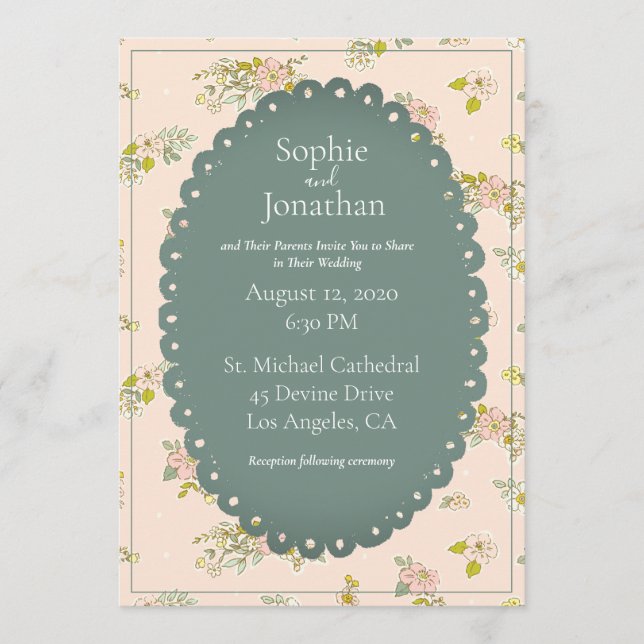 Convites Casamento Floral Verde-Verso-Rosa-Esbranquiçado (Frente)