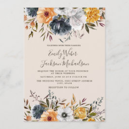 Convites Casamento Floral Verdejante Azul Marinho Mostarda 