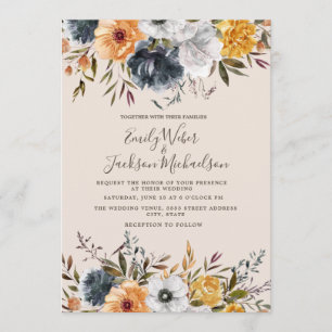 Convites Casamento Floral Verdejante Azul Marinho Mostarda