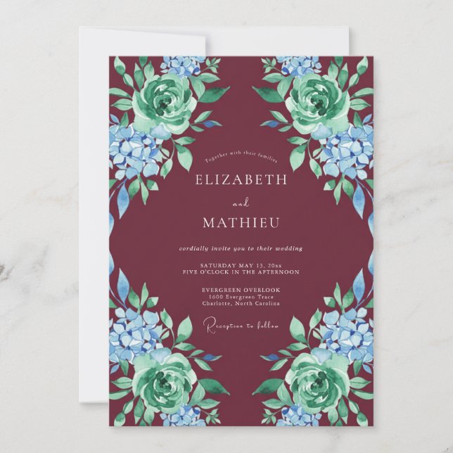 Convites Casamento Floral Verdejante Borgonha (Frente)