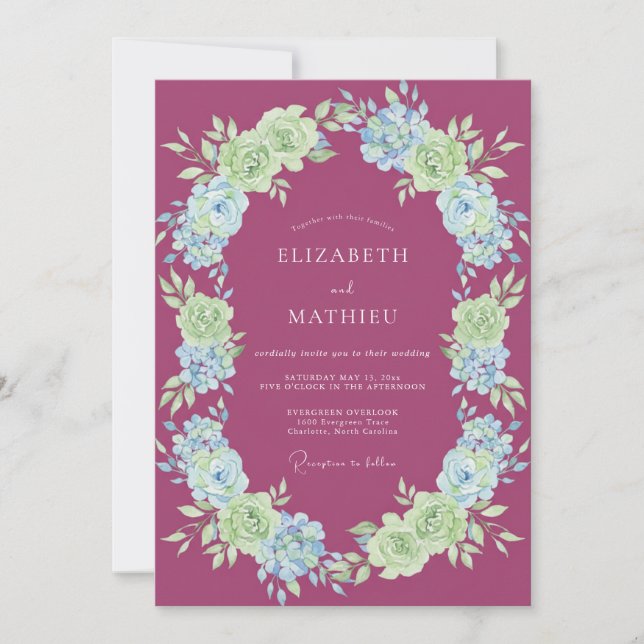 Convites Casamento Floral Verdejante em Magenta (Frente)
